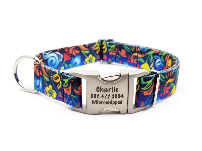 Potpourri Polyester Webbing Dog Collar with Laser Engraved Personalized Buckle - Flying Dog Collars