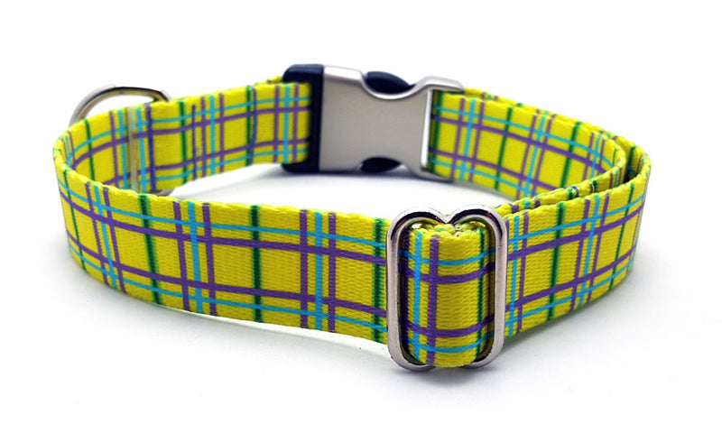 Spring Plaid Polyester Webbing Dog Collar with Laser Engraved Personalized Buckle - YELLOW - Flying Dog Collars