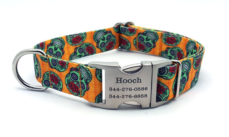 Sugar Skulls Polyester Webbing Dog Collar with Laser Engraved Personalized Buckle - Flying Dog Collars