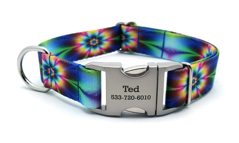 Tie Dye Flowers Polyester Webbing Dog Collar with Laser Engraved Personalized Buckle - Flying Dog Collars