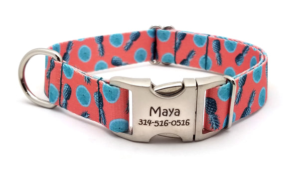 Tropical Tango Polyester Webbing Dog Collar with Laser Engraved Personalized Buckle - Flying Dog Collars