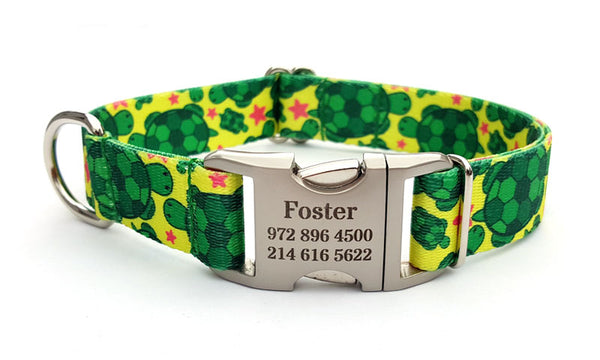 Turtles Polyester Webbing Dog Collar with Laser Engraved Personalized Buckle - Flying Dog Collars