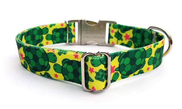 Turtles Polyester Webbing Dog Collar with Laser Engraved Personalized Buckle - Flying Dog Collars