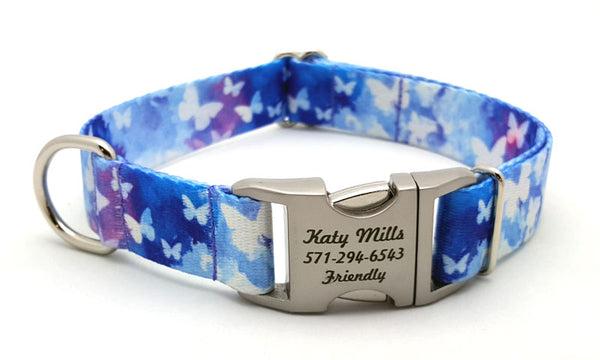 Watercolor Butterflies Polyester Webbing Dog Collar with Laser Engraved Personalized Buckle - Flying Dog Collars