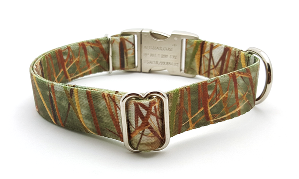 Waterfowl Camo Polyester Webbing Dog Collar with Laser Engraved Personalized Buckle - Green - Flying Dog Collars